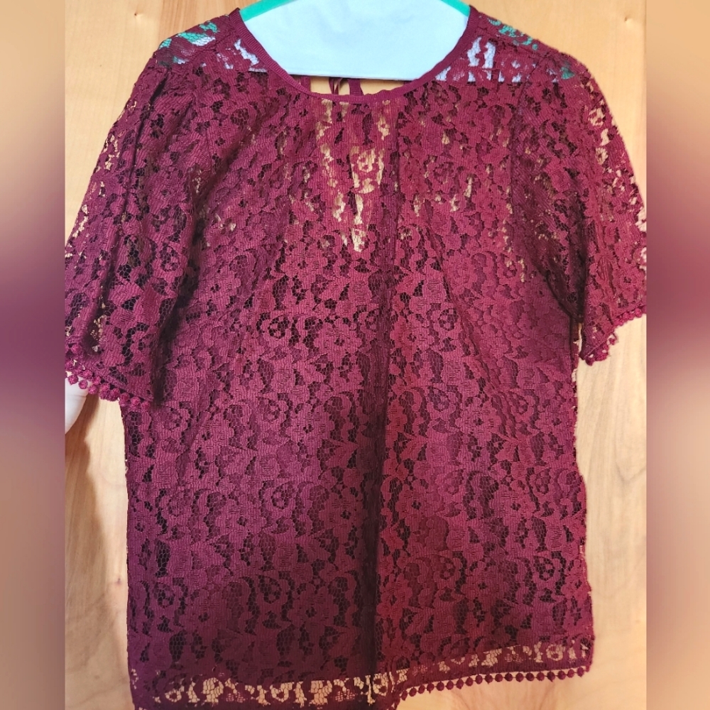 Burgundy colored lace blouse with front panel